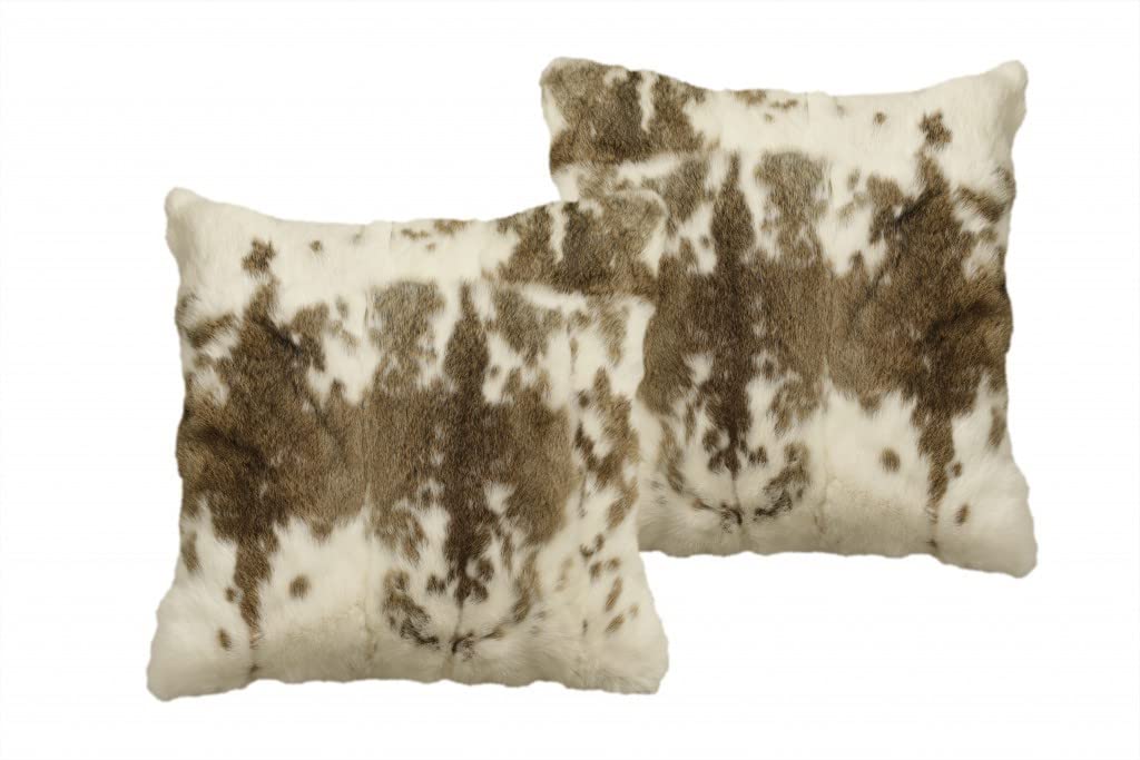 HomeRoots 100% Natural Rabbit Fur and Microsuede Set of Two 18' X 18' Brown and White Rabbit Natural Fur Animal Print Throw Pillows
