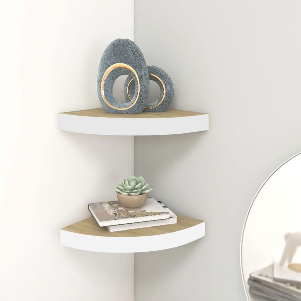 Vidaxl Wall Corner Shelves 2 Pcs Oak And White 9.8''X9.8''X1.4'' Mdf