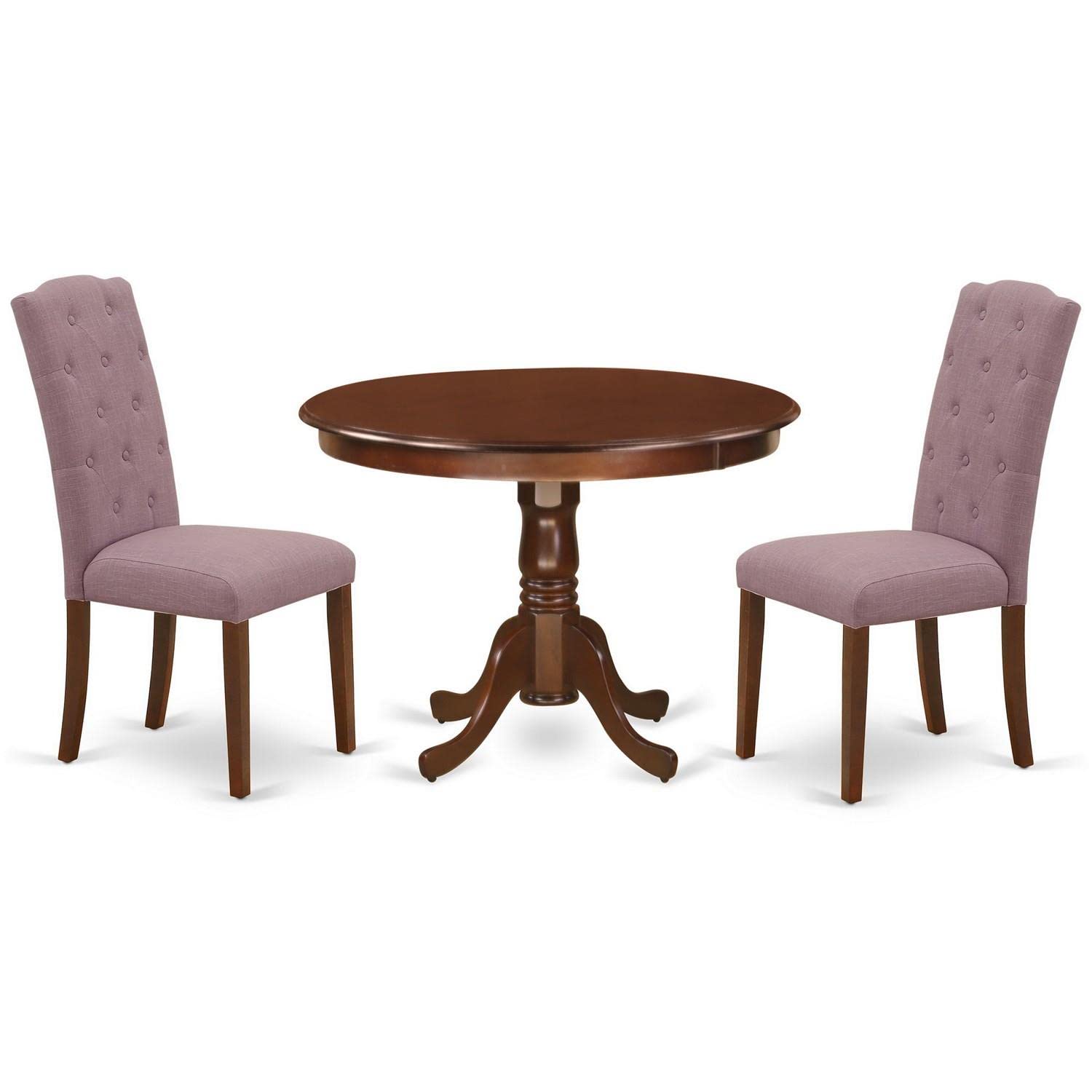 East West Furniture Hlce3-Mah-10 3 Piece Dining Set Contains A Round Dining Room Table With Pedestal And 2 Dahlia Linen Fabric Upholstered Chairs, 42X42 Inch, Mahogany