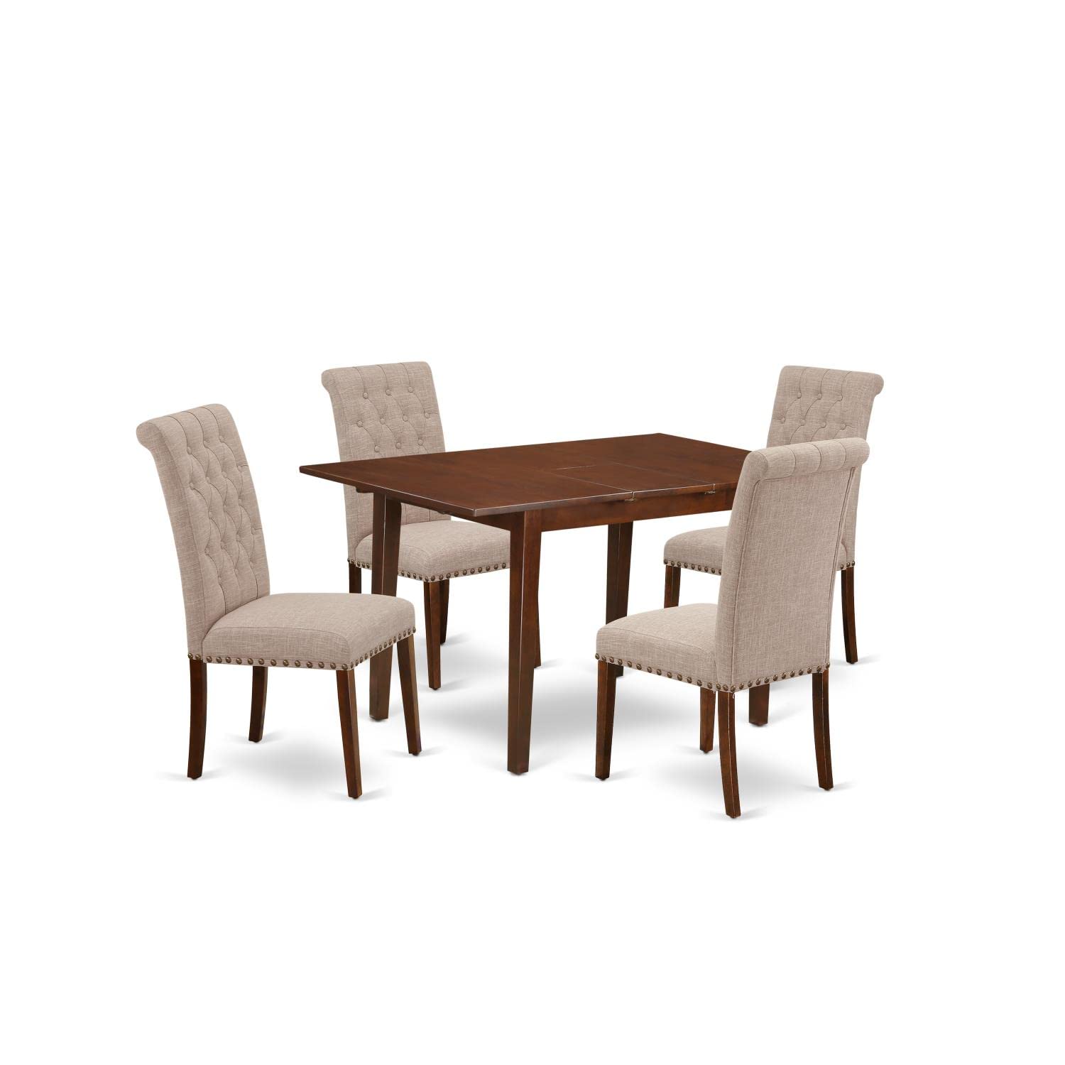 East West Furniture Nobr5-Mah-04 5 Piece Dinette Set Includes A Rectangle Dining Room Table With Butterfly Leaf And 4 Light Tan Linen Fabric Upholstered Chairs, 32X54 Inch, Mahogany