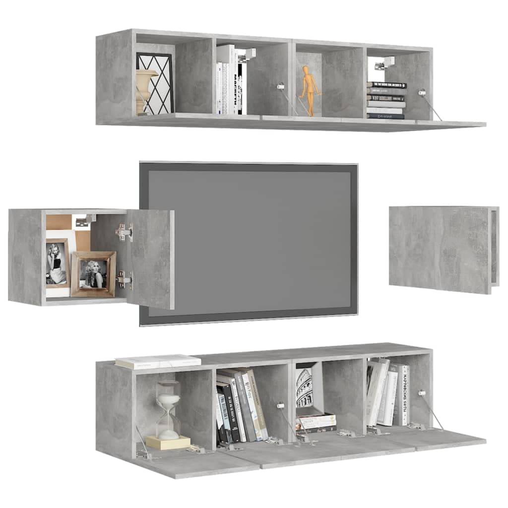 vidaXL TV Cabinet Set 6 Piece Home Indoor Hanging Wall-Mounted Stereo Plasma HiFi Cabinet TV Stand Unit Furniture Concrete Gray Engineered Wood