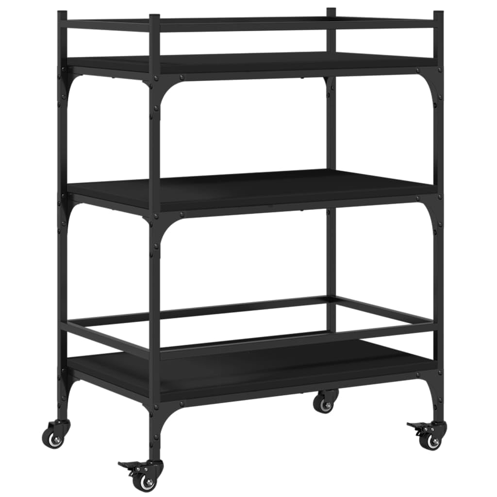vidaXL Black Kitchen Trolley – Mobile Storage Cart/Organizer with Engineered Wood Construction, Steel Frame, Lockable Wheels – 25.6&quot;x15.7&quot;x34.1&quot;