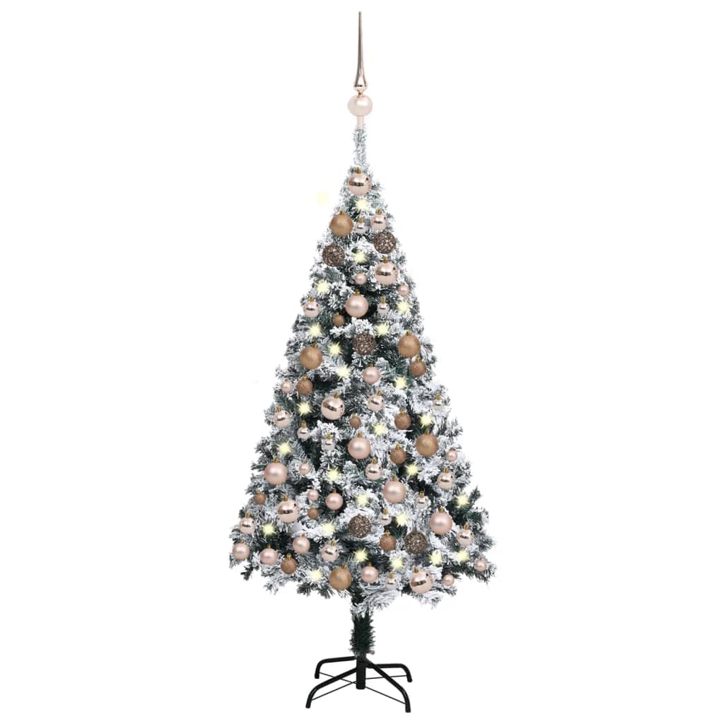 Vidaxl 47.2&quot; Artificial Christmas Tree With Leds - Green - Includes Rose Gold Ball Decorations - Flocked White Snow Effect - Extra Thick Branches - Durable Pvc Material - Energy Efficient Led Stri...