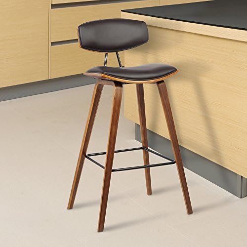 Armen Living Fox 30'' Mid-Century Bar Height Barstool in Brown Faux Leather with Walnut Wood