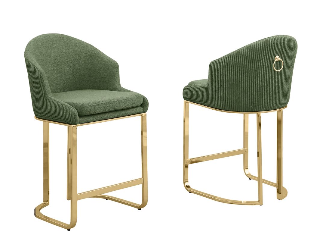 Modern Teddy Fabric Bar Stool With Gold Chrome Iron Base - Green - Stylish Upholstered Dining Or Accent Chair With Ribbed Backrest And Ring Handle - Perfect For Living Room, Dining Room, Or Office