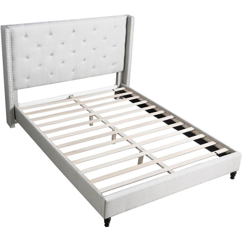 Best Master Furniture Vera Tufted Linen Platform Bed, Full, Beige