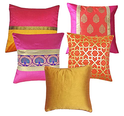 Pink Parrot Jacquard Designer Orangethrow Pillow Covers/Cushion Covers (16X16 Inches)  Set Of 5 Pc