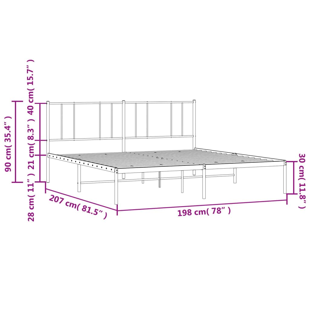 vidaXL Robust Metal Bed Frame, Powder-Coated Steel Construction, Black, 76"x79.9" Size, with Metal Slats & Centre Legs, Under Bed Storage, Headboard Included