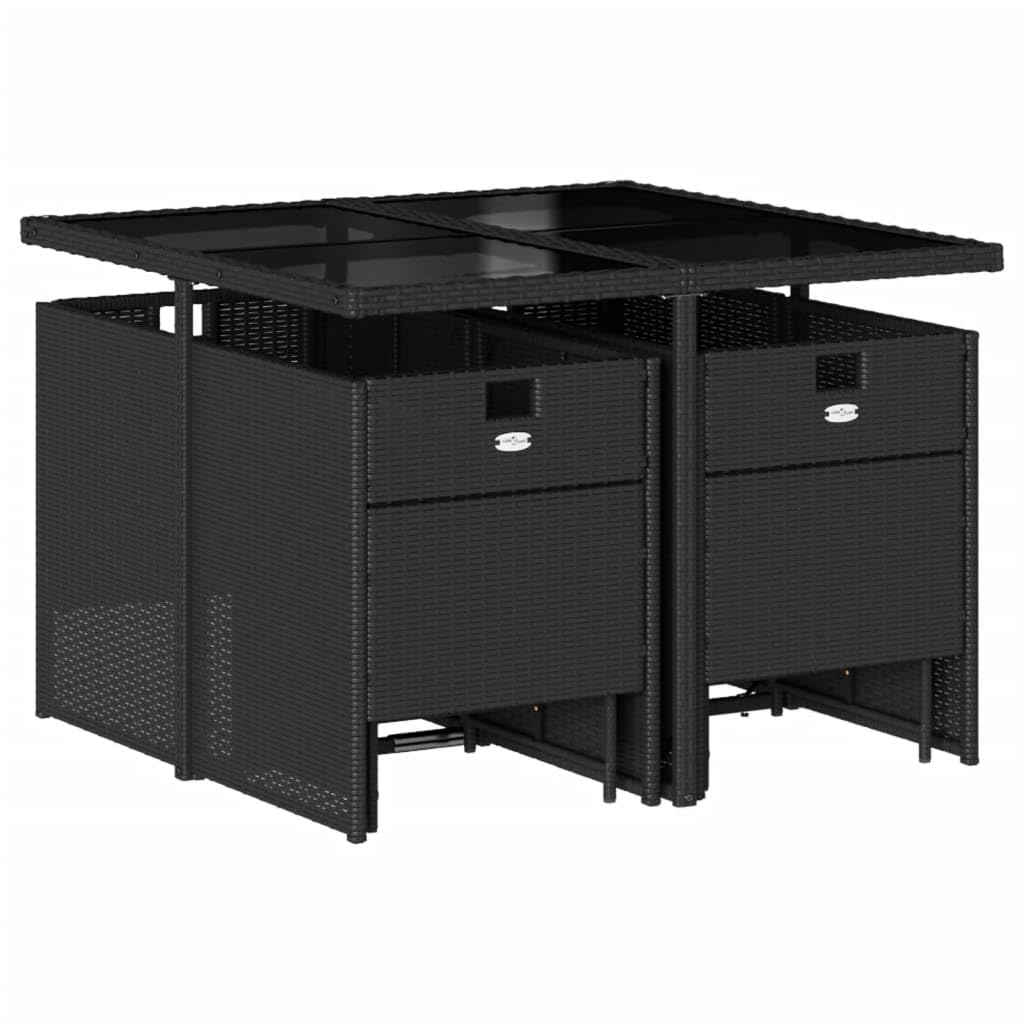 vidaXL 9-Piece Patio Dining Set with Cushions - Black Poly Rattan, Glass Top, Compact Storage, Indoor/Outdoor