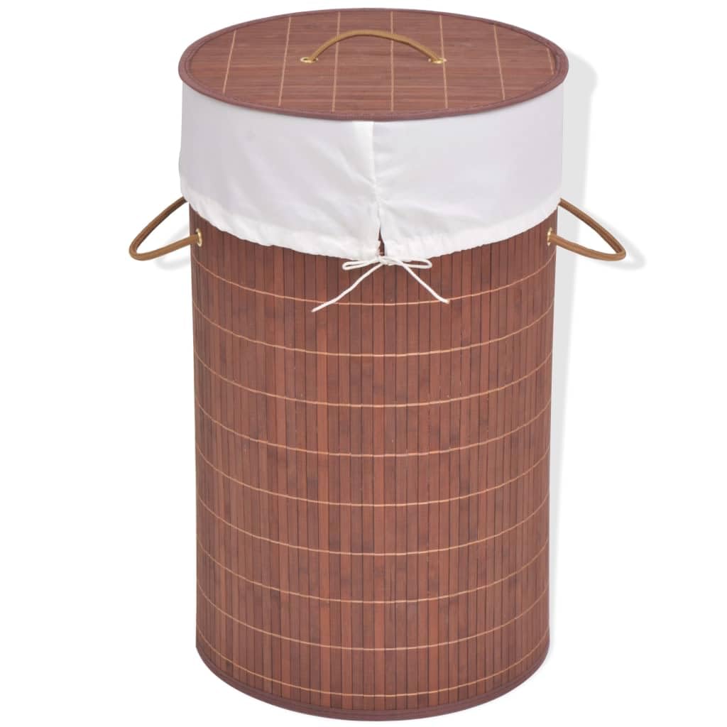vidaXL Durable Round Bamboo Laundry Bin with Removable Polyester Fabric Liner, Foldable Storage Basket for Laundry or Toys, Compact Collapsible Design, Brown