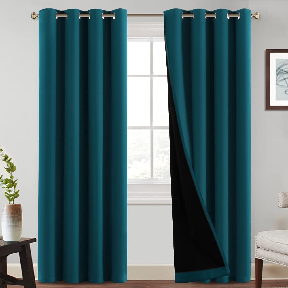 Princedeco 100% Blackout Curtains With Black Liner Backing, Thermal Insulated Curtains For Living Room, Home Decoration, Deep Te