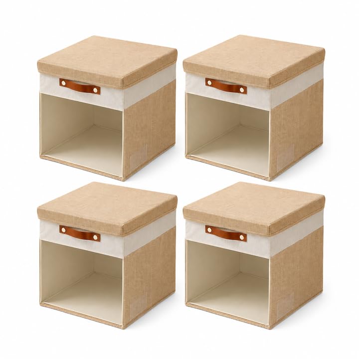 Chushe Storage Cubes with Lids, 4 Pack 13x13 Fabric Storage Bins with Clear Front Windows and PU Handles, Beige