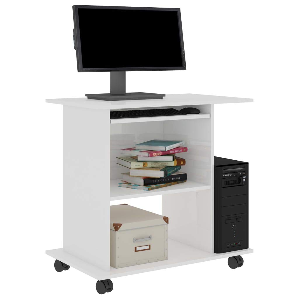 vidaXL Compact Computer Desk with Storage Spaces - High Gloss White Finish - Engineered Wood - Modern Style