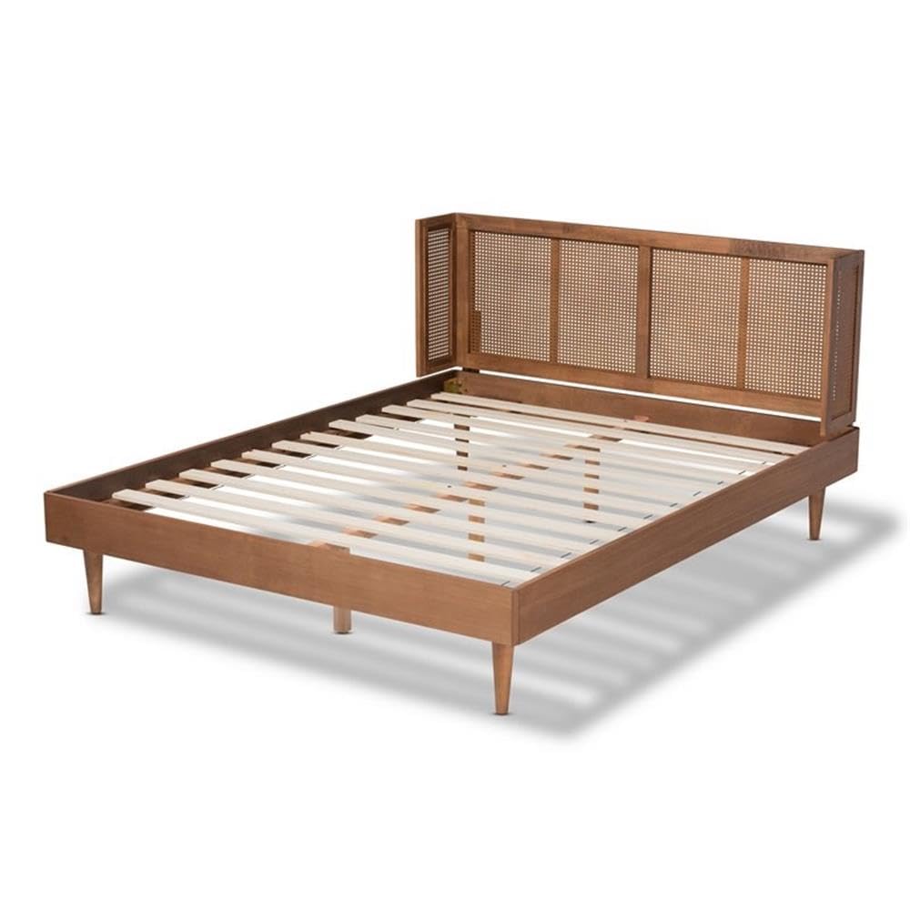 Baxton Studio Rina Mid-Century Modern Ash Wanut Finished Wood and Synthetic Rattan Full Size Platform Bed with Wrap-Around Headboard