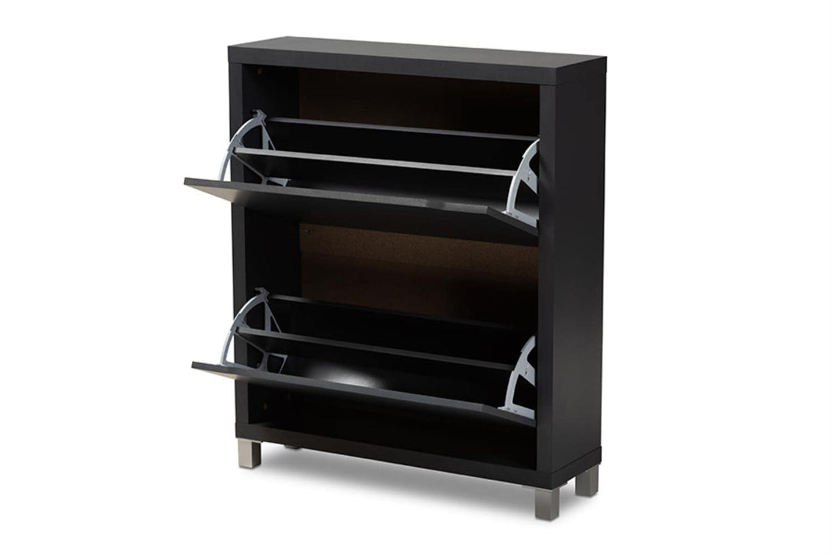 Baxton Studio Simms Modern And Contemporary Dark Grey Finished Wood Shoe Storage Cabinet With 4 Fold-Out Racks