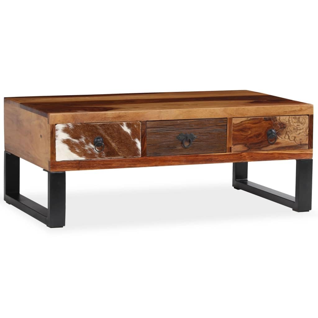 vidaXL Solid Sheesham Wood Coffee Table with Steel Legs and Genuine Cowhide Detail- Hand Carved, Honey-Finished Home Furniture with Storage Drawers 35.4&quot;x19.7&quot;x13.8&quot;