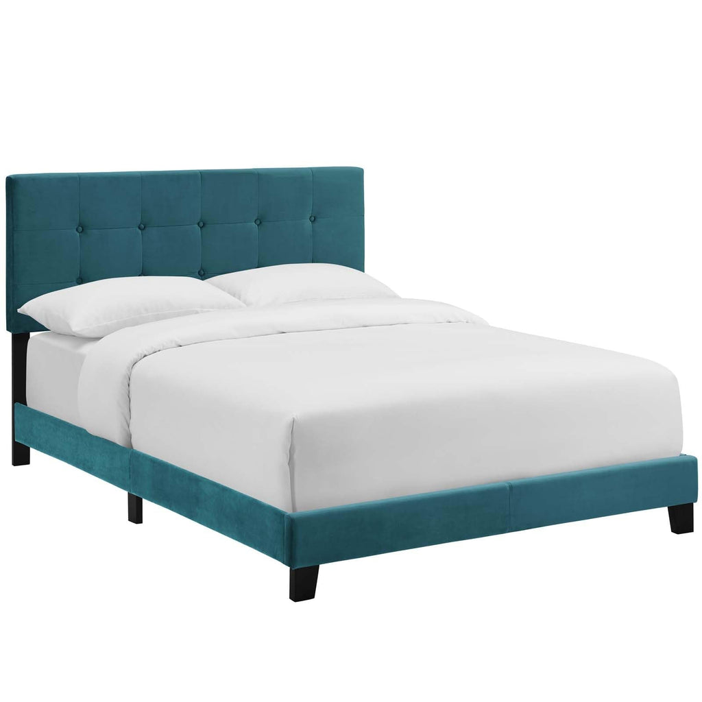 CasaFoyer Amira Performance Velvet Full Platform Bed | Chic & Comfortable | Stain-Resistant Fabric | Button-Tufted Headboard | Durable Wood Frame | Non-Marking Foot Caps | Reinforced Center Beams | Fits Various Mattresses | Elegant Bedroom Centerpiece
