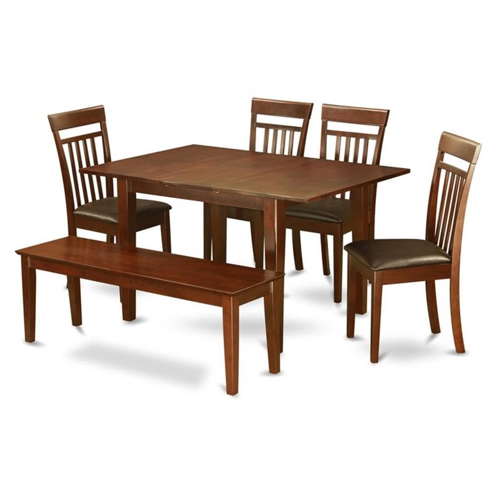 East West Furniture MLCA6C-MAH-LC 6 Piece Dining Table Set Contains a Rectangle Dining Room Table with Butterfly Leaf and 4 Faux Leather Upholstered Chairs with a Bench, 36x54 Inch, Mahogany