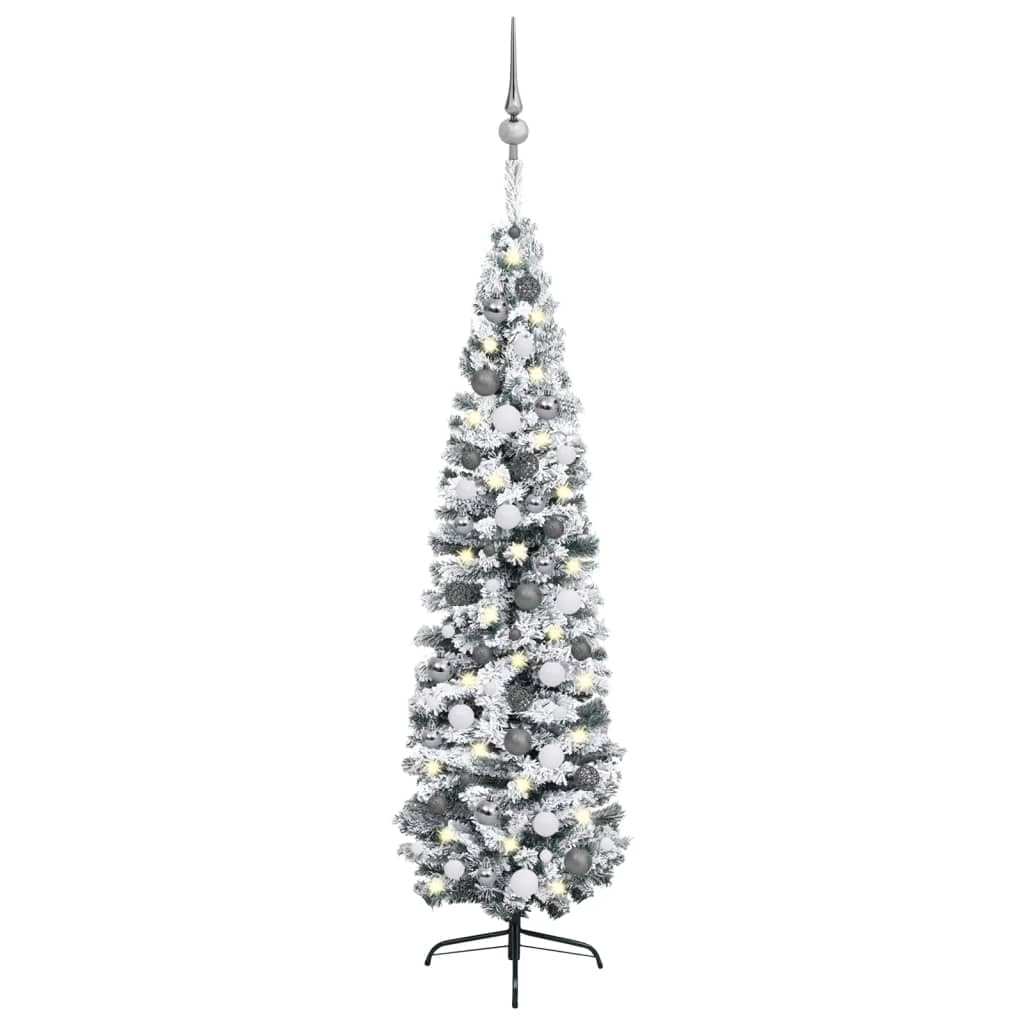 vidaXL Slim Artificial Pre-lit Christmas Tree with Ball Set - Green, White and Gray - PVC and Steel Construction for Festive Home Decor