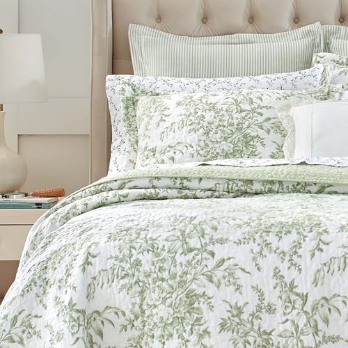 Laura Ashley - King Quilt Set, Reversible Cotton Bedding With Matching Shams, Lightweight Home Decor For All Seasons (Bedford Green/Off-White, King)