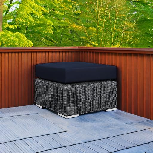Modway Summon Wicker Rattan Outdoor Patio Sunbrella Square Ottoman in Canvas Navy