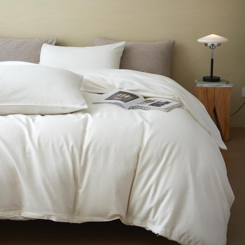 Bfs Home Stonewashed Cotton/Linen King Duvet Cover, 3-Piece Comforter Cover Set, Breathable And Skin-Friendly Bedding Set (Off-W