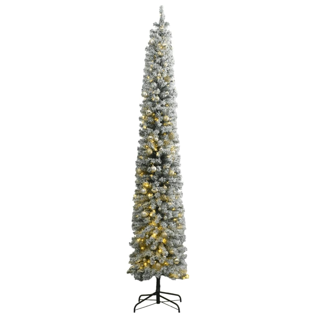 vidaXL Slim Christmas Tree with Flocked Snow, LED Lights and Ball Set, Space-Saving, 106.3'' Tall, Green and White for Holiday Decorations., (3210231)