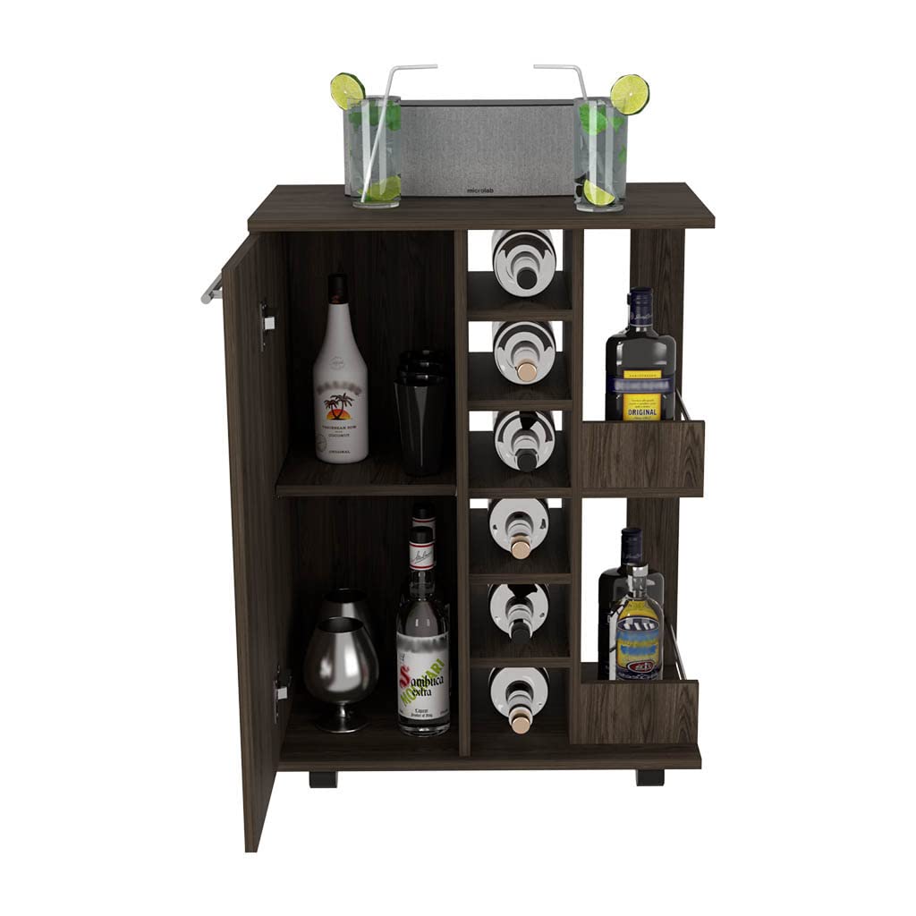 DEPOT E-SHOP Magda 32-inch Tall Bar Cart with Cabinet, 2 Interior Shelves, 2 Open Shelves, and 6 Wine Cubbies, Dark Walnut