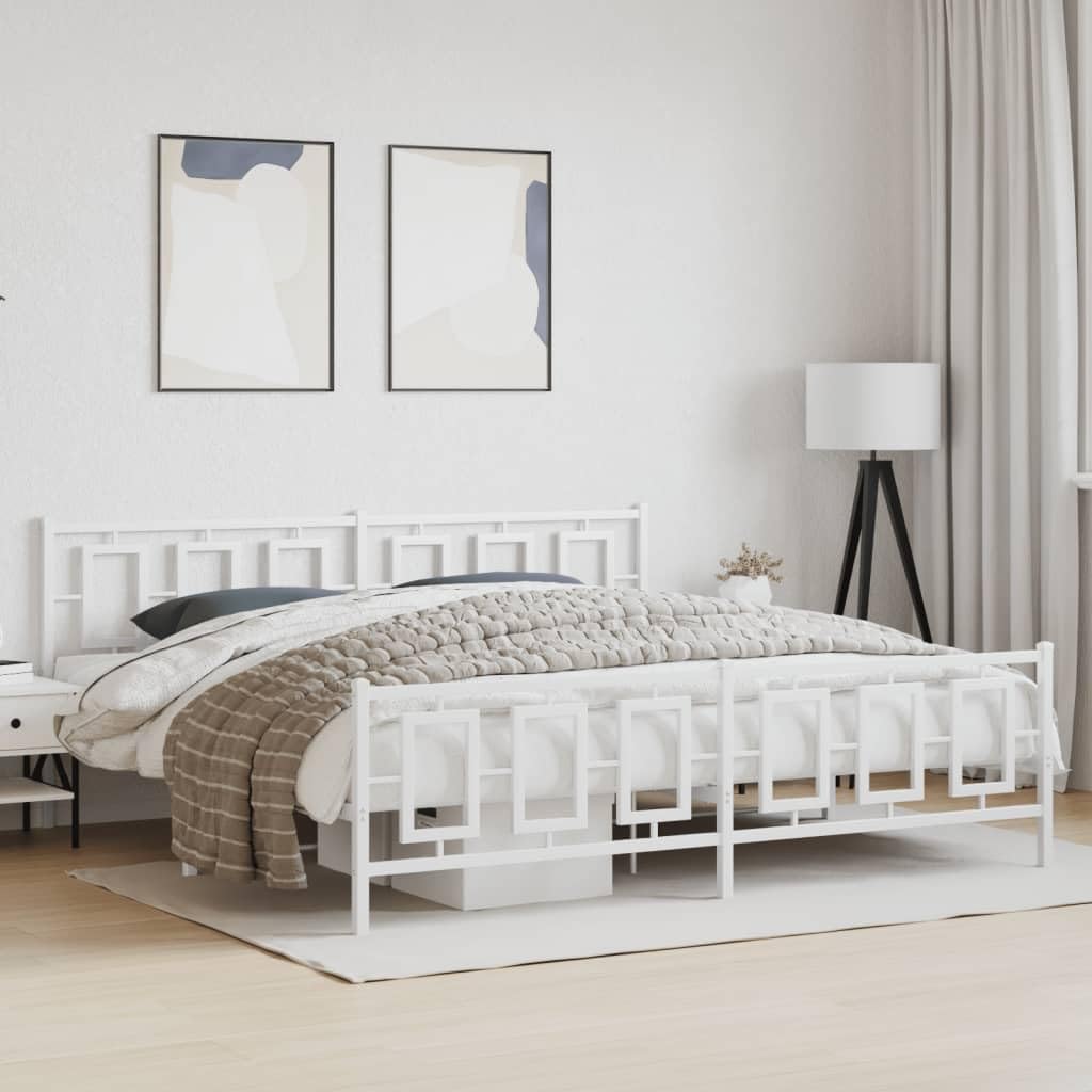 vidaXL White King Metal Bed Frame-76"x79.9", Hallmark Steel Construction, Headboard/Footboard Included