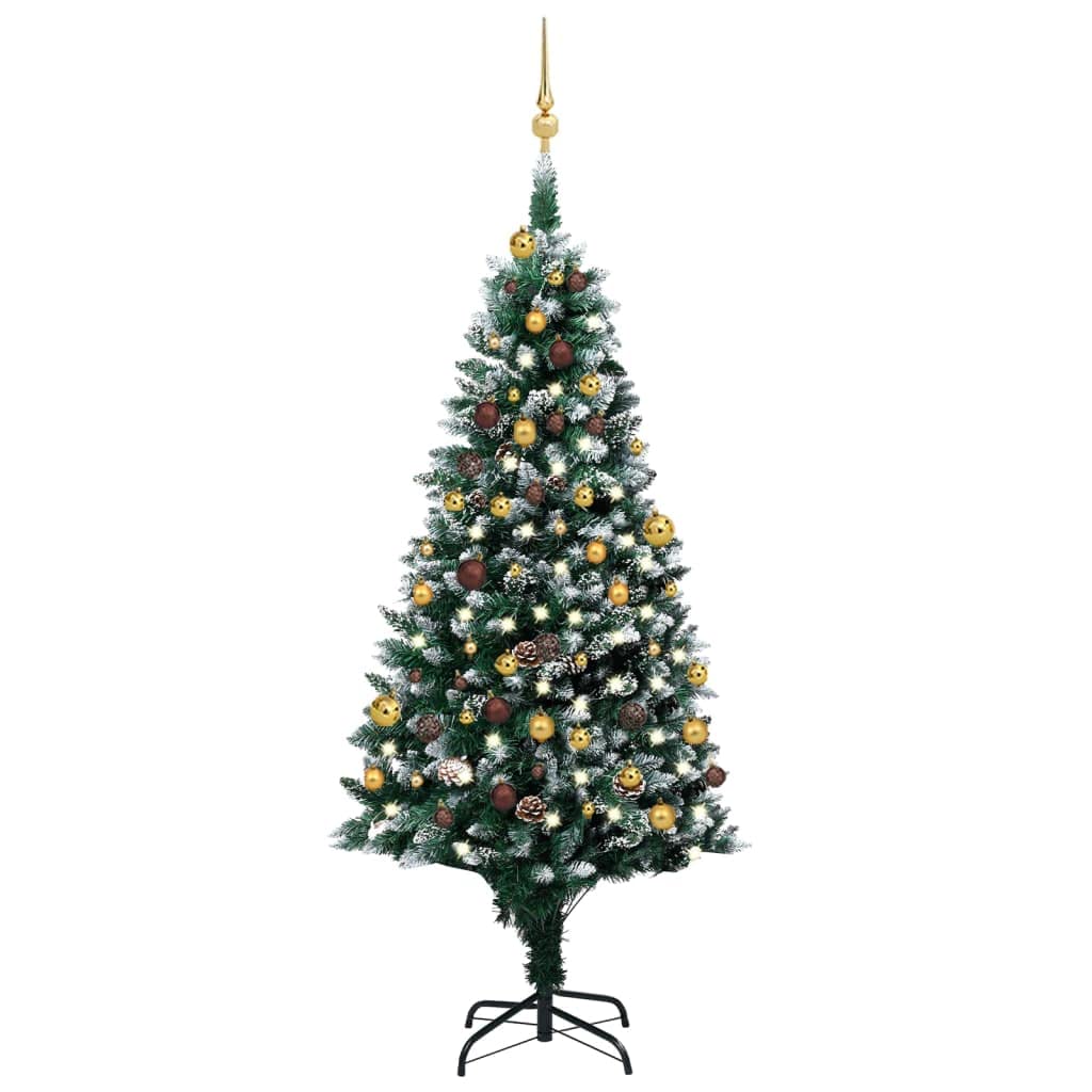 vidaXL Artificial Christmas Tree with LEDs, Pinecones, Gold and Bronze Ball Set, 70.9 Inches - Decorated Xmas Tree with Metal Base and Snowy Branch Tips