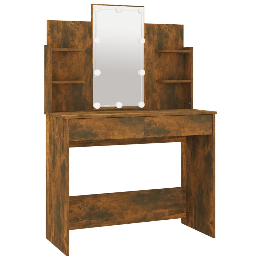 vidaXL Modern Smoked Oak Dressing Table - Engineered Wood with LED Light Feature, Asymmetrical Design, 37.8&quot;x15.7&quot;x55.9&quot;