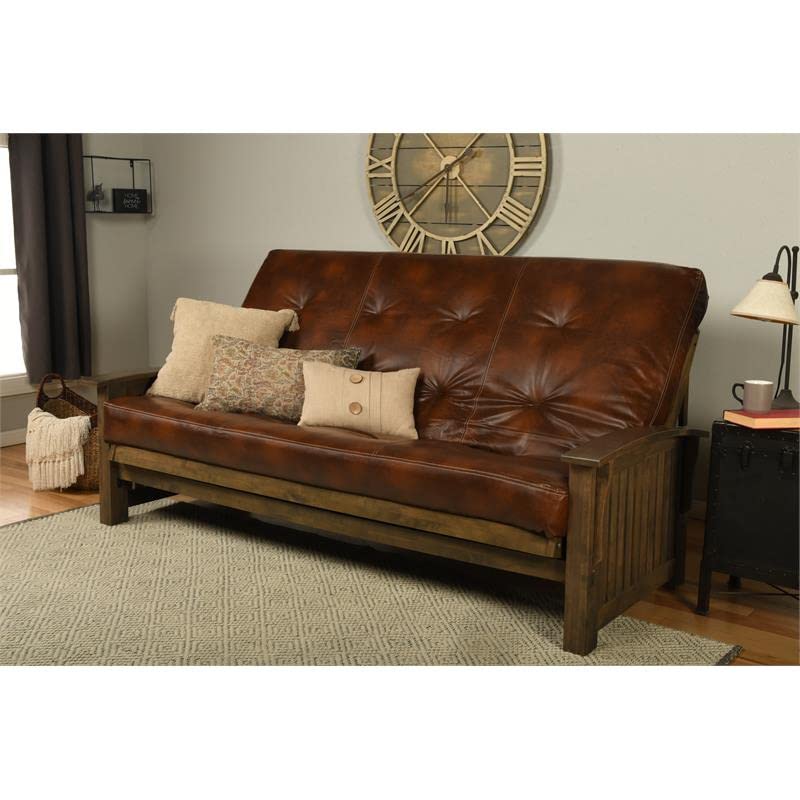 Kodiak Furniture Washington Queen Size Futon Frame and Mattress Set - Wood Futon Frame with Mattress Included in Saddle Brown Color