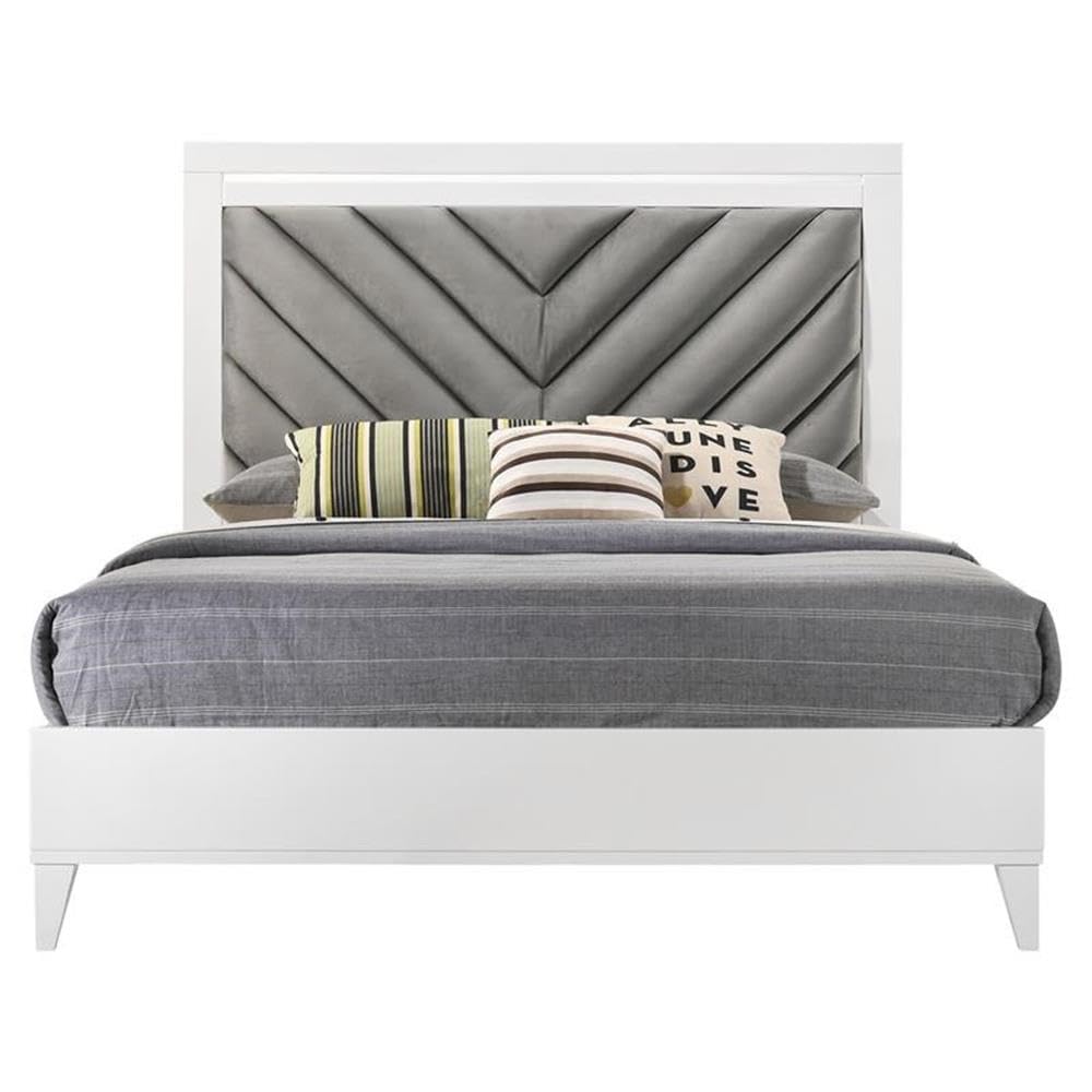 Acme Chelsie Wooden Eastern King Bed with Velvet Headboard in Gray and White