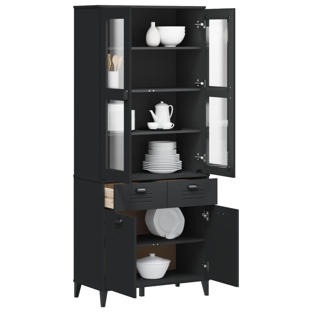 vidaXL Black Solid Pine Wood Highboard - Storage Console Cabinet with Glass Display & Ample Organization Space for Living Room