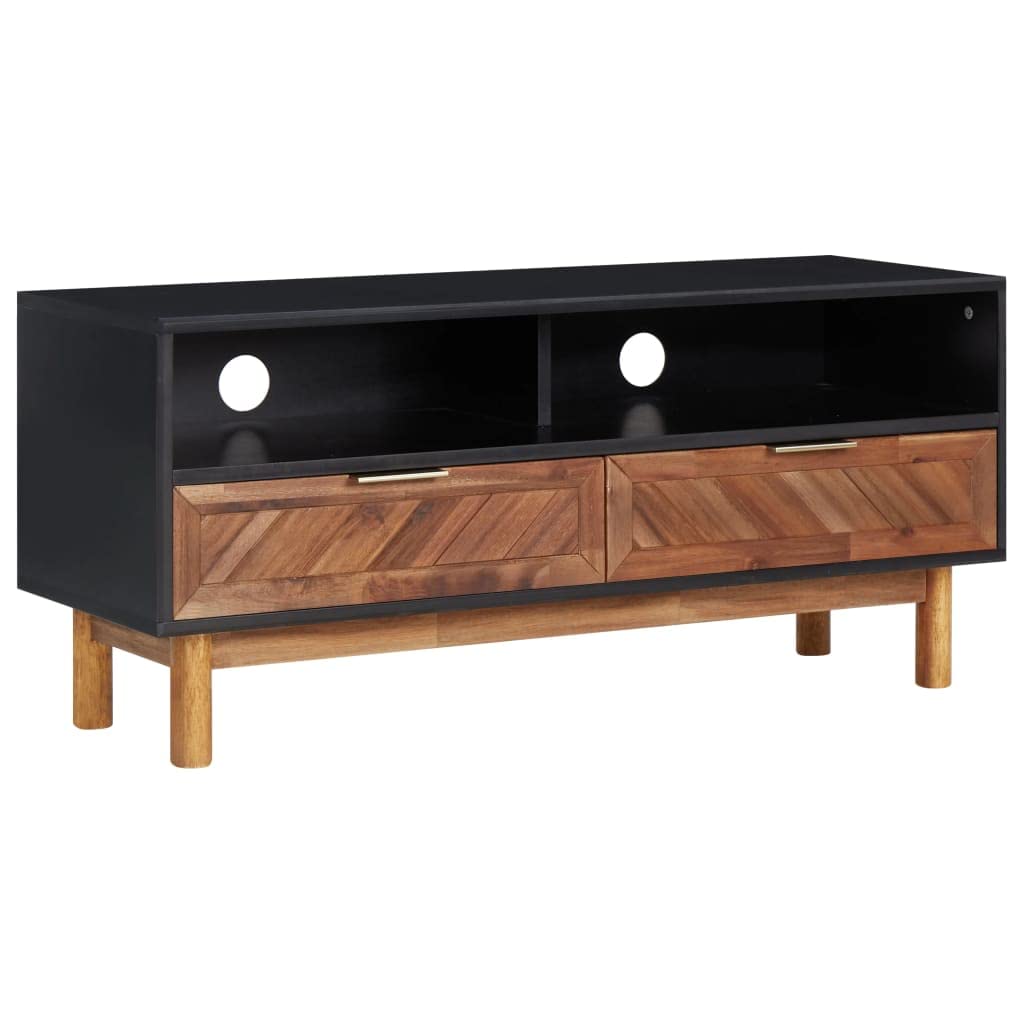 vidaXL TV Stand – Scandinavian Style Lowboard Featuring Solid Acacia Wood and MDF Construction, 2 Drawers, 1 Shelf, Gold Aluminum Handles.