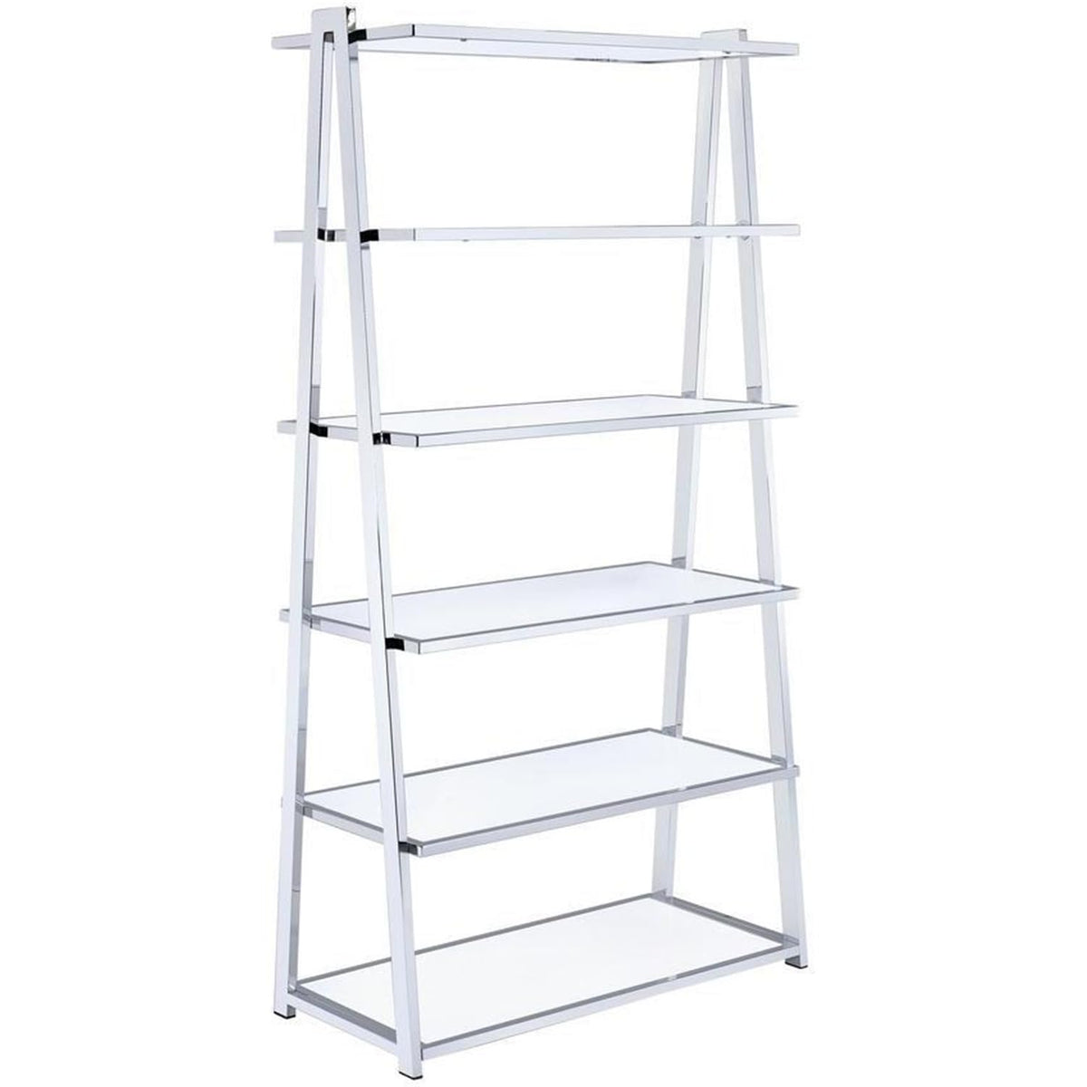 HomeRoots Metal Tube, MDF, Poly Ven 36' X 16' X 71' White High Gloss and Chrome Bookcase