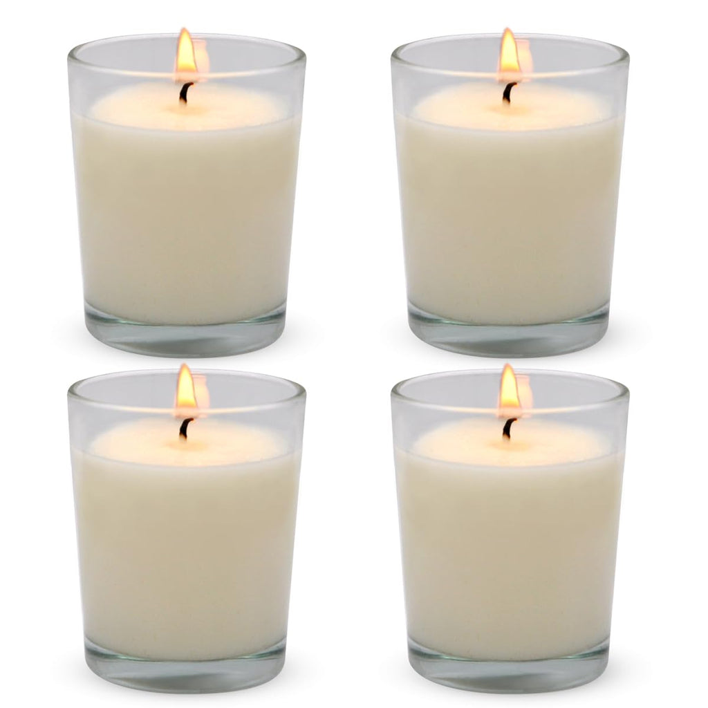 Set of 4 White Votive Candles, Clear Glass Filled Unscented Soy Wax Candle for Home D  cor Weddings Spa Holidays Party and DIY