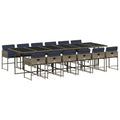 vidaXL 13 Piece Patio Dining Set - PE Rattan, Cushions, Foldable Chairs, Glass Tabletop - Gray, Navy Blue - Outdoor Garden, Backyard, Patio Furniture