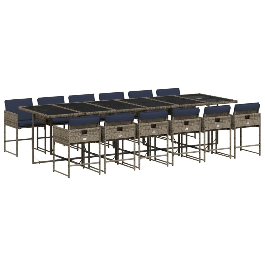 vidaXL 13 Piece Patio Dining Set - PE Rattan, Cushions, Foldable Chairs, Glass Tabletop - Gray, Navy Blue - Outdoor Garden, Backyard, Patio Furniture