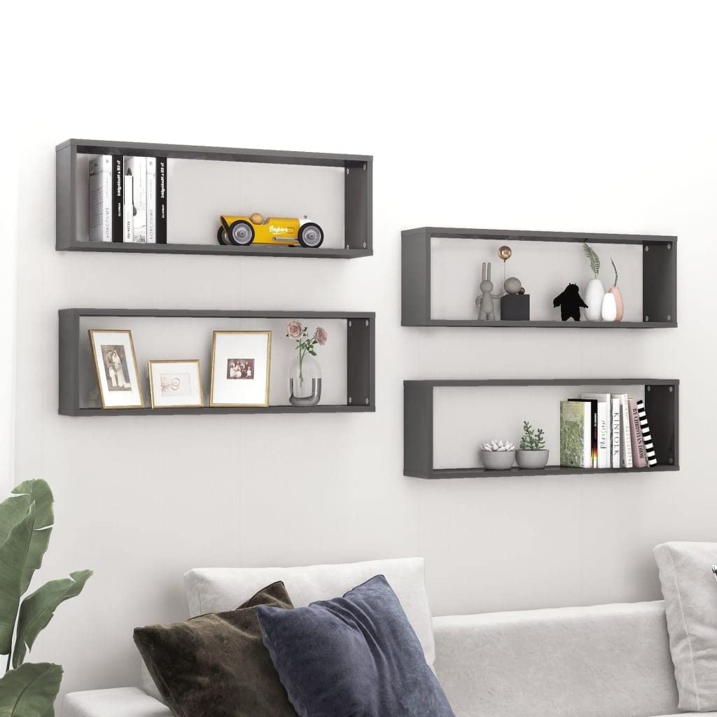 vidaXL Wall Cube Shelves 4 pcs High Gloss Gray 31.5&quot;x5.9&quot;x10.4&quot; Engineered Wood