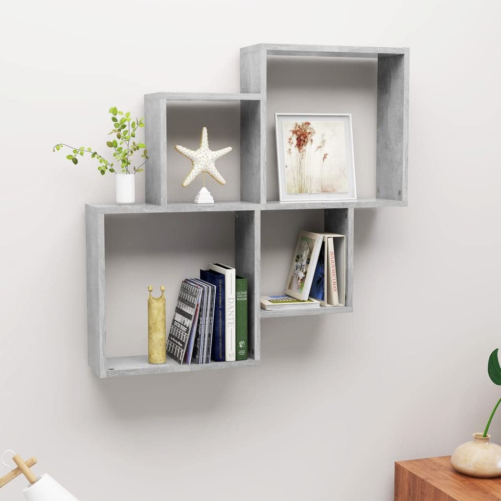 vidaXL Wall Cube Shelf Home Living Room Bedroom Wall-Mounted Cube Hanging Floating Shelf Wall Rack Ledges Shelving Concrete Gray Engineered Wood