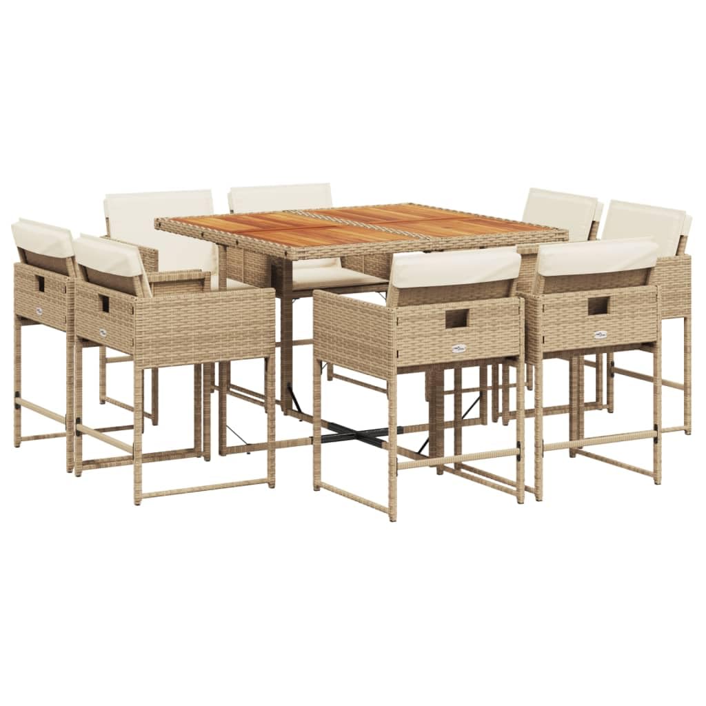 vidaXL Patio Dining Set with Cushions - 9 Piece Beige Poly Rattan Furniture for Garden/Patio/Backyard - Durable Materials & Space-Saving Design - Includes Table and Chairs