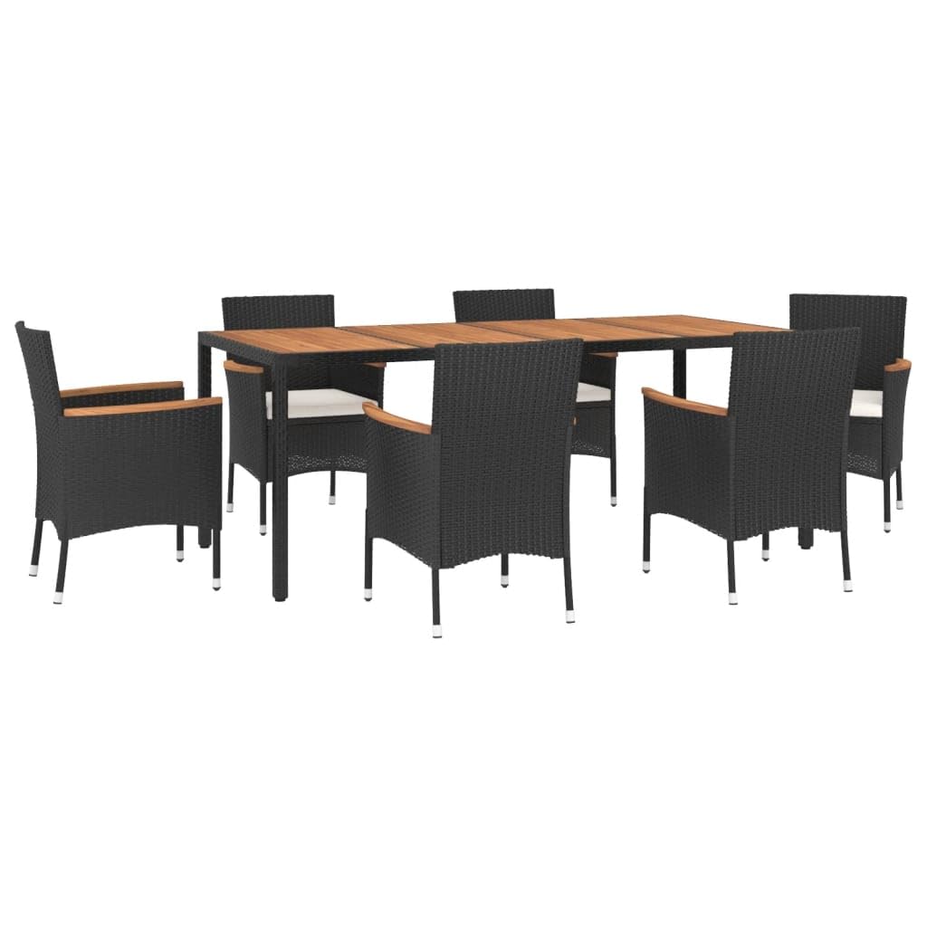 vidaXL 7 Piece Patio Dining Set - Black PE Rattan and Solid Acacia Wood Tabletop - includes Comfortable Cushions and Sturdy Steel Frame, 3187360