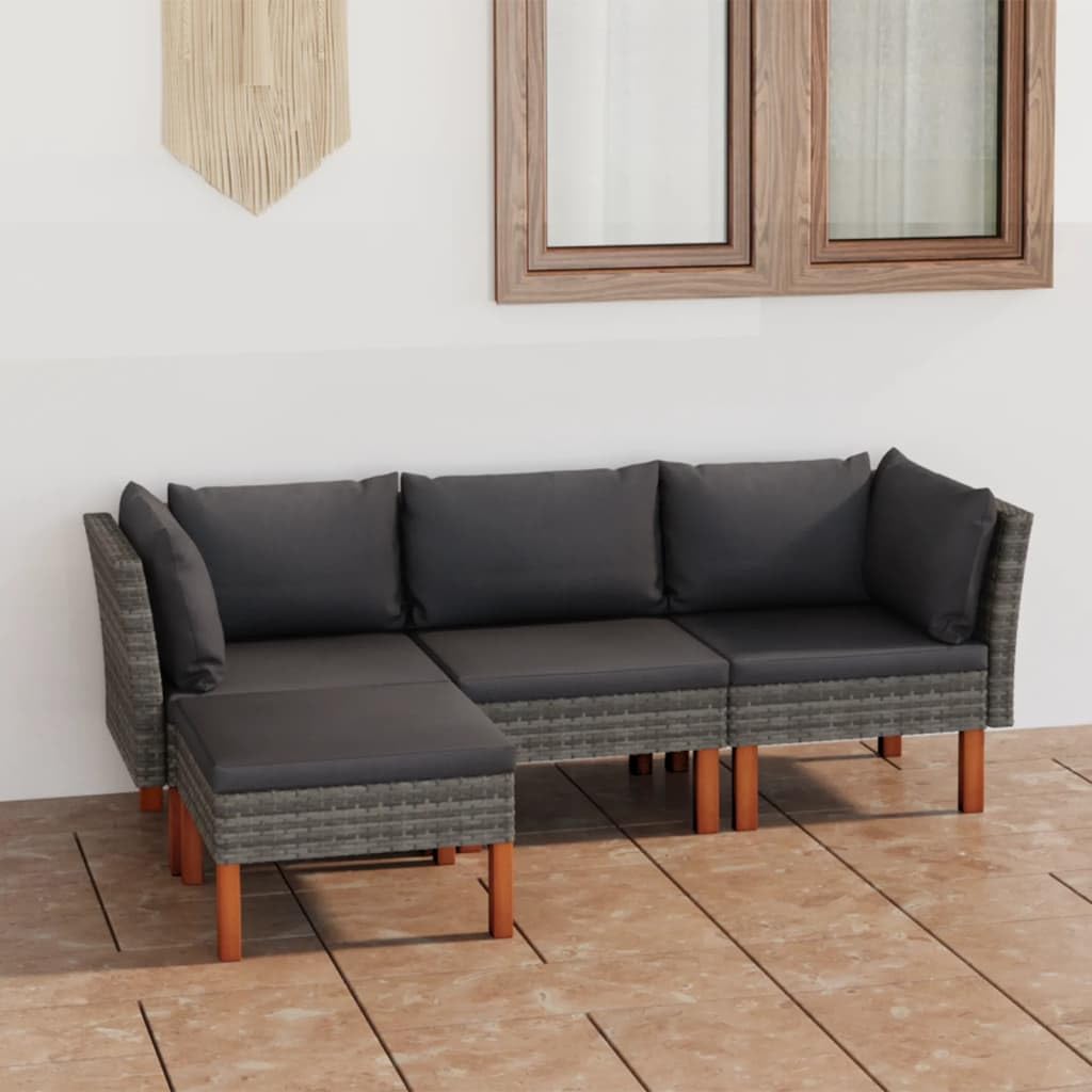 vidaXL 4-Piece Farmhouse Modern Patio Lounge Set with Padded Cushions - Poly Rattan Construction and Solid Eucalyptus Wood Legs - Gray/Anthracite
