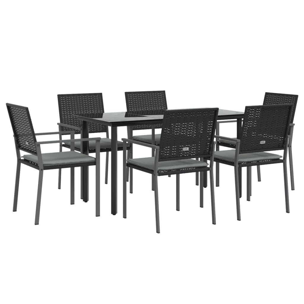 vidaXL - Modern 7-Piece Patio Dining Set with Cushions in Poly Rattan and Steel Frame - Black with Tempered Glass Tabletop and Light Grey Fabric Cushions