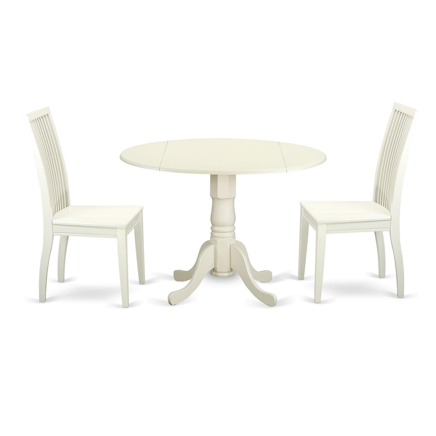 East West Furniture Dlip3-Lwh-W 3 Piece Kitchen Table Set For Small Spaces Contains A Round Dining Table With Dropleaf And 2 Dining Room Chairs, 42X42 Inch, Linen White