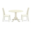 East West Furniture Dlip3-Lwh-W 3 Piece Kitchen Table Set For Small Spaces Contains A Round Dining Table With Dropleaf And 2 Dining Room Chairs, 42X42 Inch, Linen White