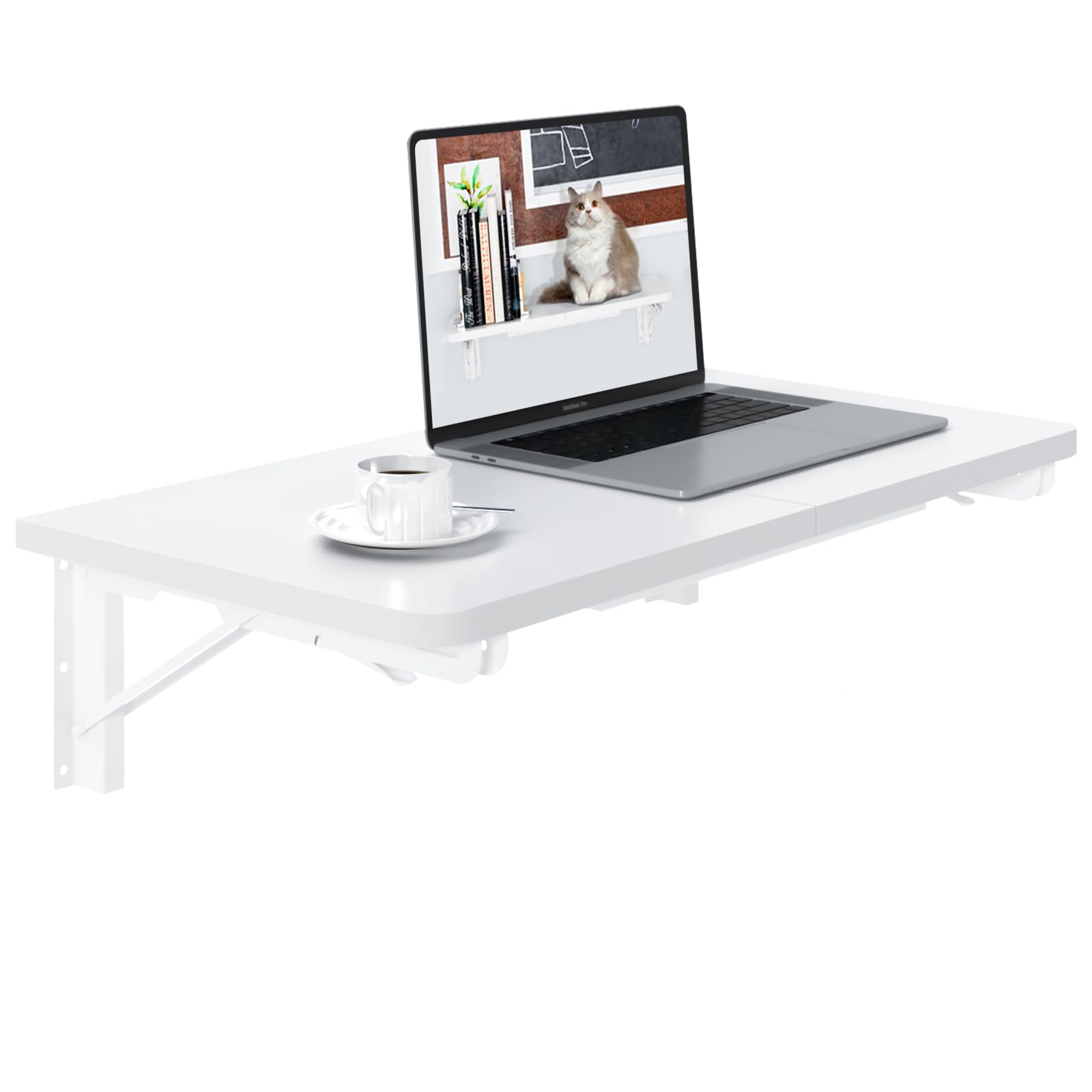 Teamix Wall Mounted Desk, White Folding Desk For Small Spaces Floating Shelf Organizer With Heavy-Duty Brackets For Home Office