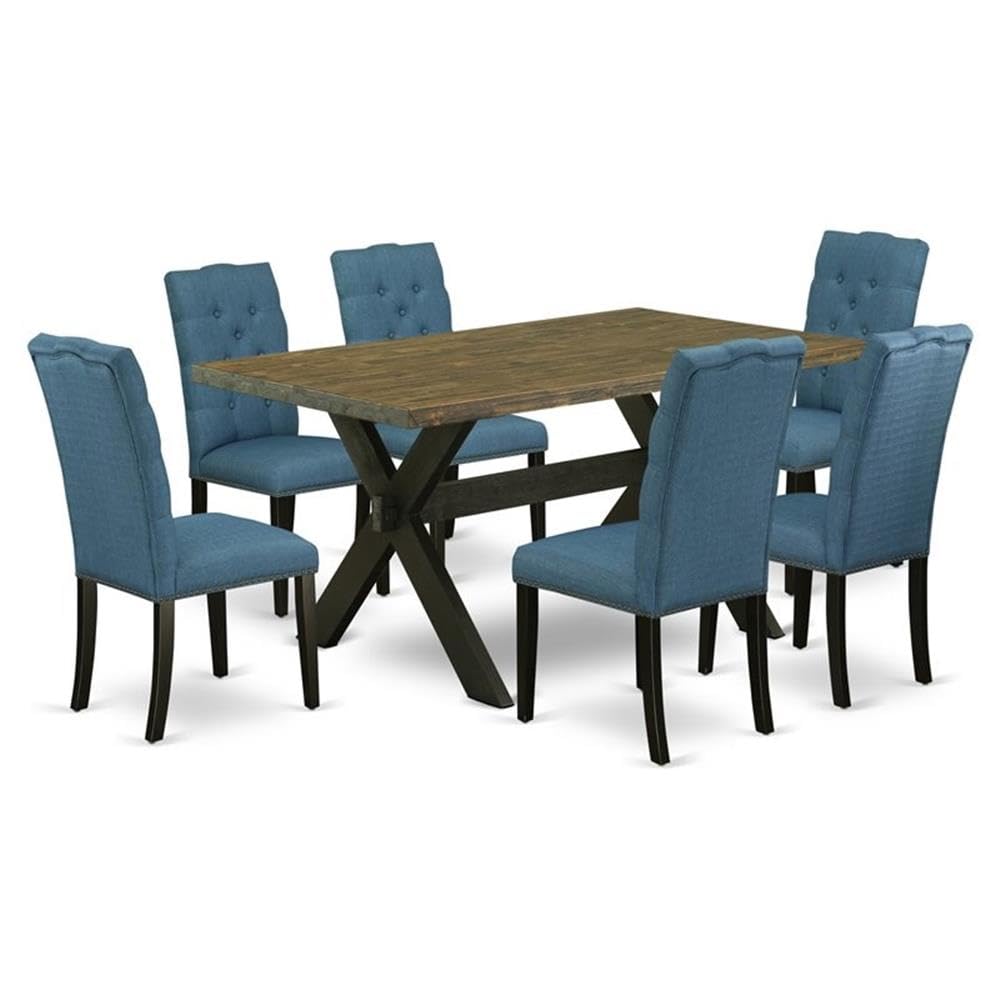East West Furniture X676El121-7 7 Piece Kitchen Table & Chairs Set Consist Of A Rectangle Dining Room Table With X-Legs And 6 Blue Linen Fabric Parsons Chairs, 36X60 Inch, Multi-Color