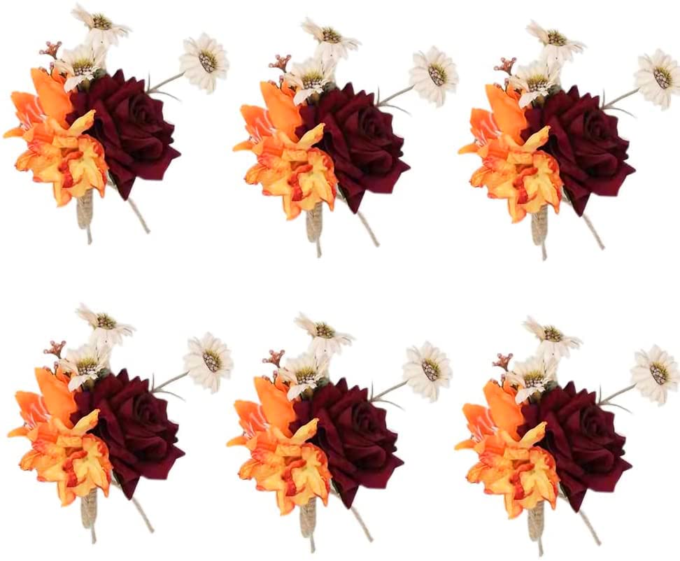 Ansofi Burgundy Boutonniere for Men Wedding with Pins Set of 6 Groom and Best Man Burnt Orange Boutonniere for Wedding Ceremony 